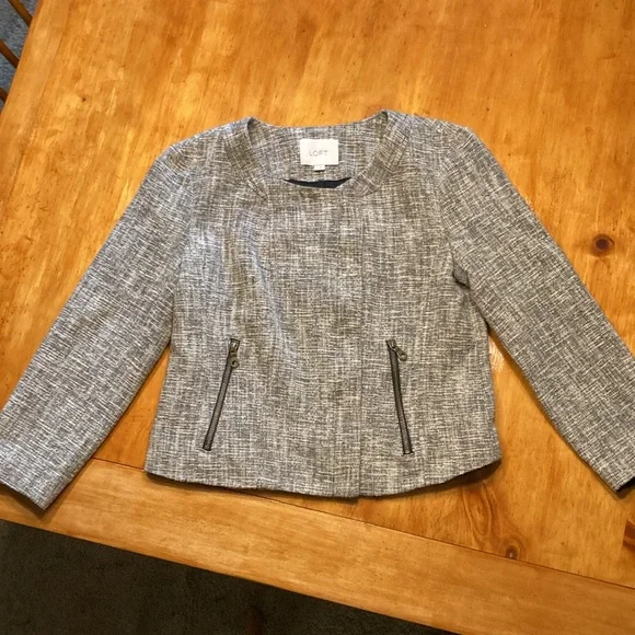 LOFT Gray Tweed Jacket Blazer With Offset Hidden Zipper - Picture 4 of 11